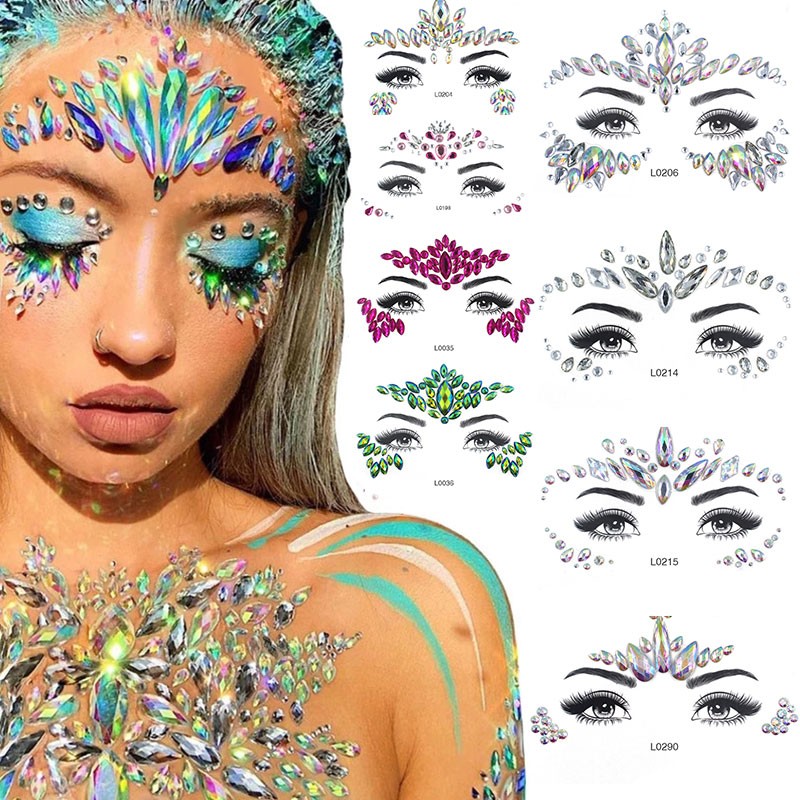 3D Sexy Face Tattoo Sticker Temporary Tattoo Flash Fake Tattoo Rhinestone Lady Party Face Sticker Face Jewelry Decoration