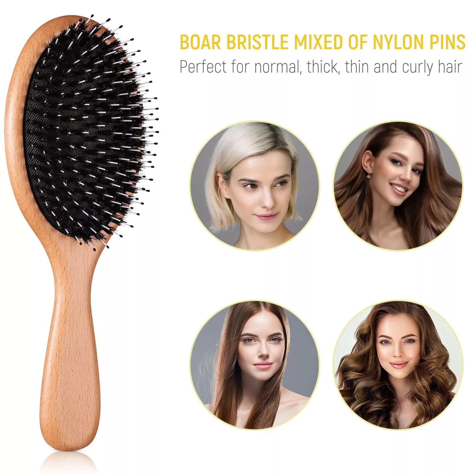 Natural Boar Bristle Massage Brush Comb Wood Handle Brush Comb Massage Comb Anti-static Hair Scalp Paddle Brush Styling Tool