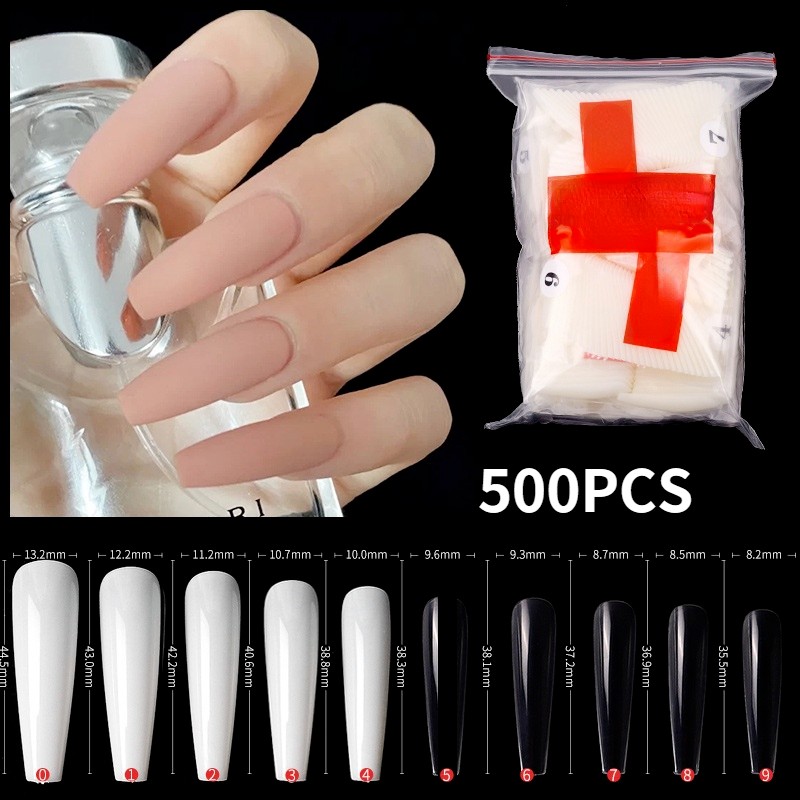 500pcs LongNail Tips Acrylic Full Cover Ballerina Fake False Nail for Salons DIY 10 Sizes Clear Ballet False Nail