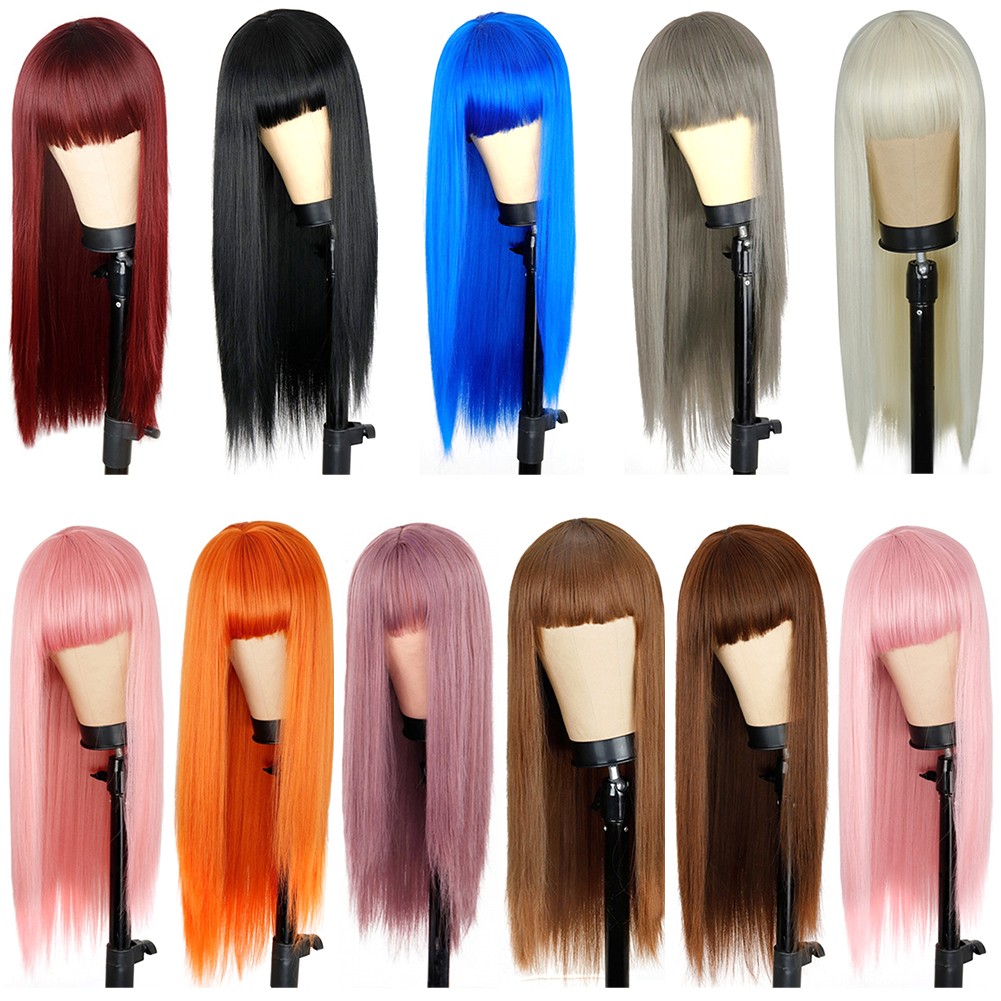 European American Long Straight Wig With Bangs Synthetic Bangs Hair Wigs With Wig For Women Heat Resistant Wigs Multicolor