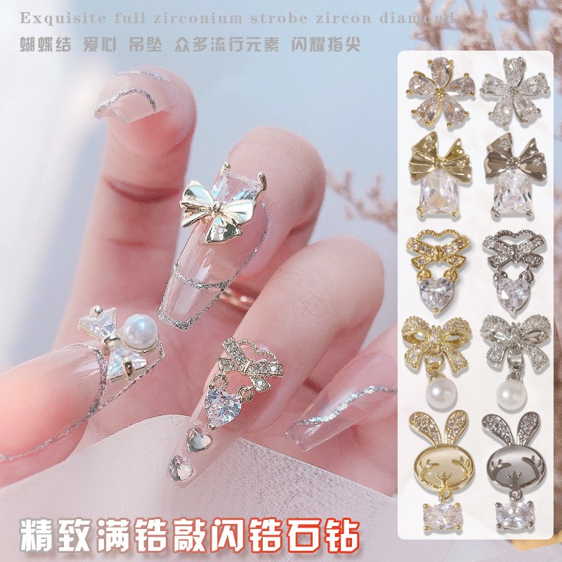 3pcs nail art zircon micro inlaid luxury diamond buttons big bow rabbit pendant nail diamond decorative