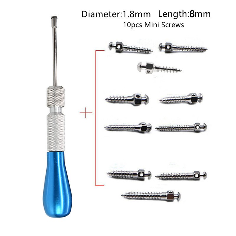 1 Set Screwdriver + 10pcs Dental Mini Screws Orthodontic Screwdriver Mini Screw Screwdriver Handle Drill Tool 1.8mm*8mmX10