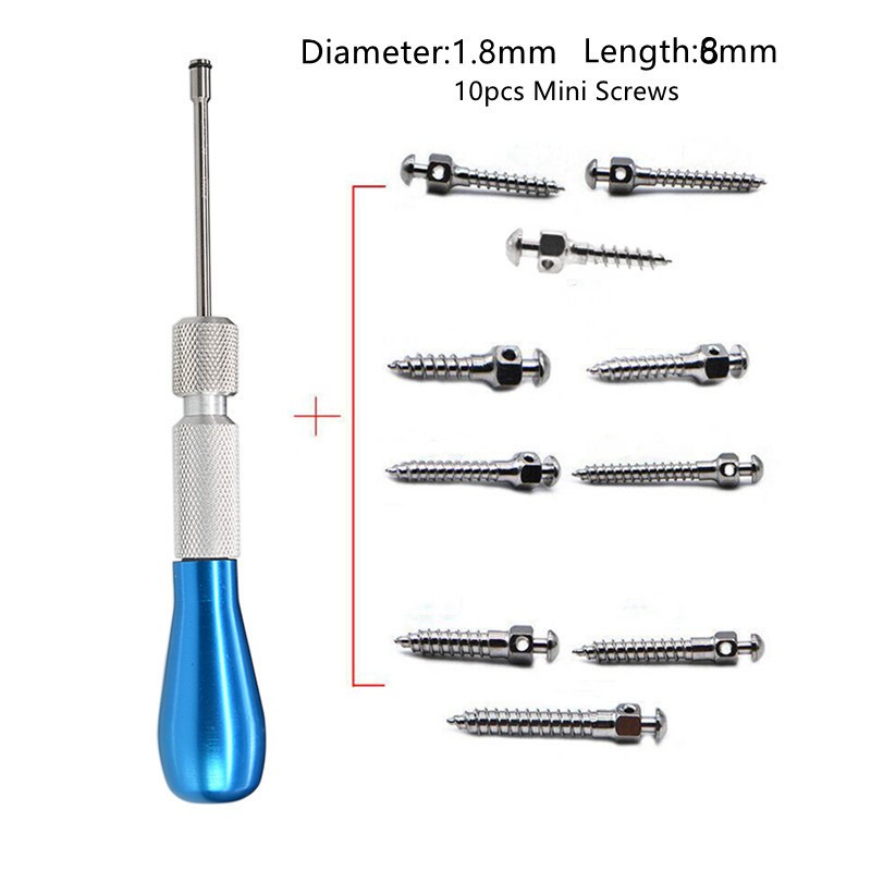 1 مجموعة مفك البراغي + 10 قطعة مسامير صغيرة الأسنان تقويم الأسنان مفك مسامير برغي صغير مفك مسامير مقبض الحفر أداة 1.8 مللي متر * 8mmX10