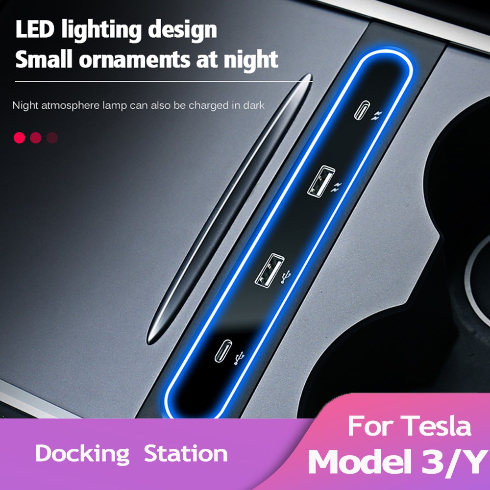 For Tesla 2021-2022 Model 3 Model Y 27W Fast Interior Smart Charger Docking Station USB Shunt Hub Decoration Accessories