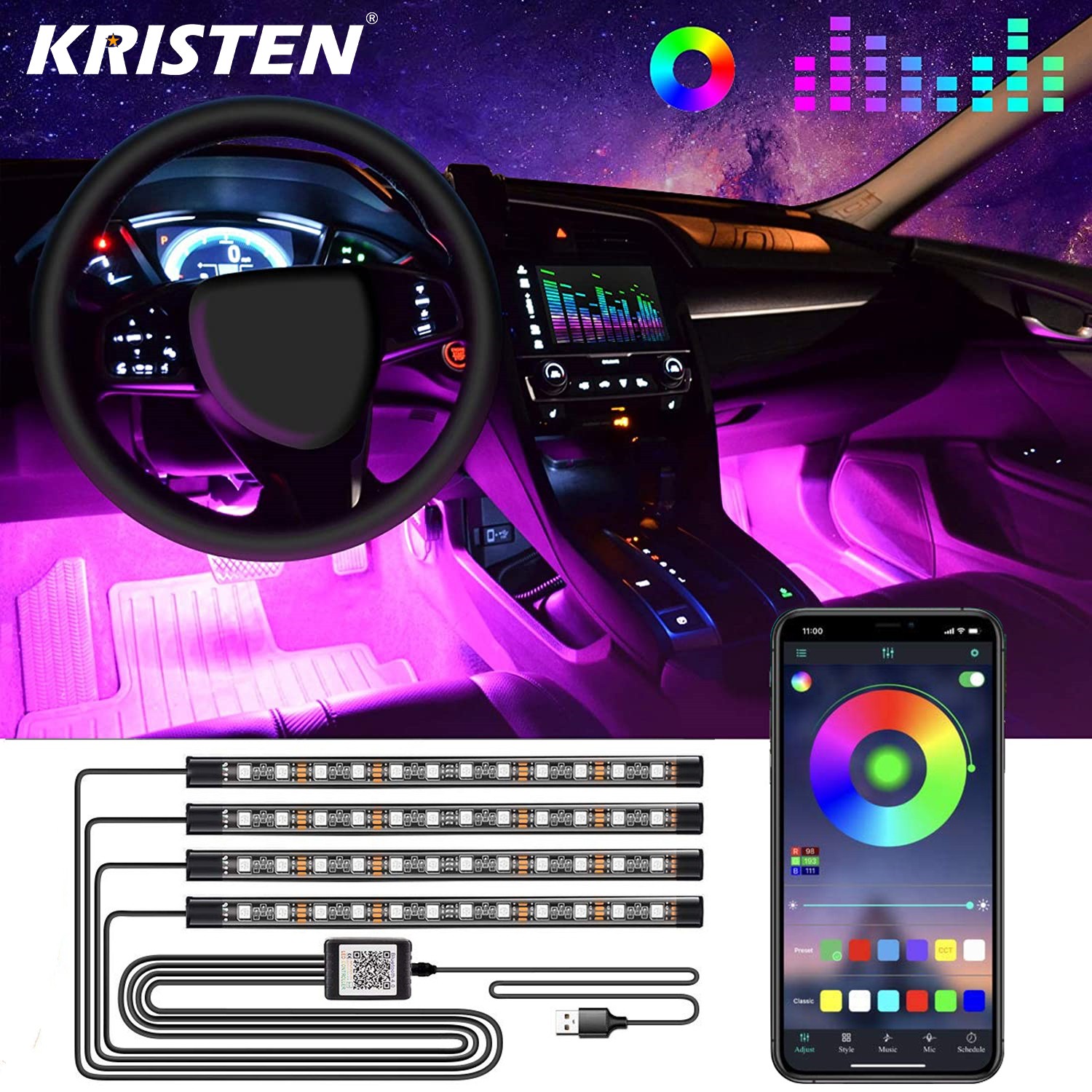 Car Interior Light RGB LED Decorative Light Strip With USB Wireless Remote Music Control Multimedia Car Foot Light