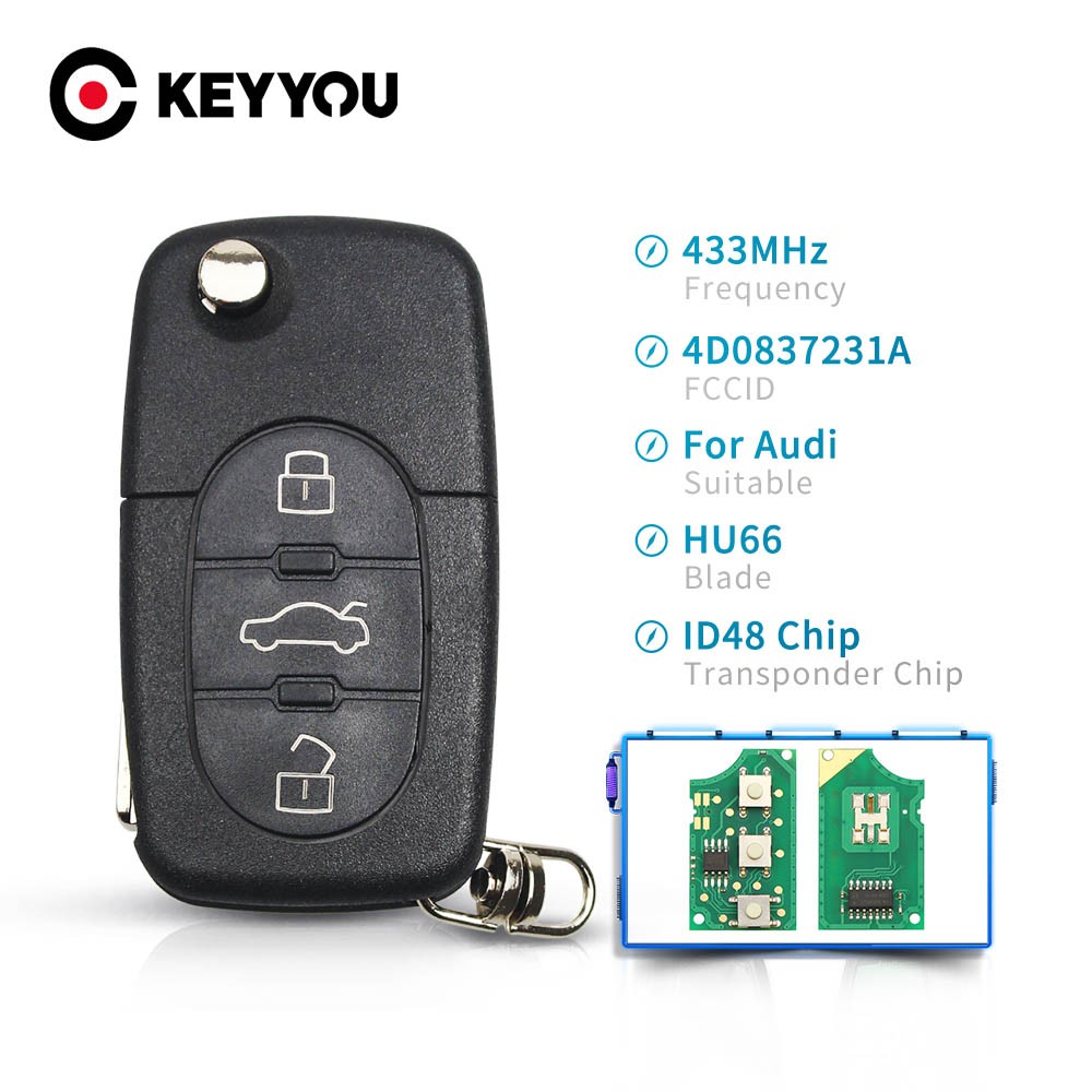 KEYYOU For Audi A3 A4 A6 A8 B5 TT RS4 Quattro 1994 - 2004 Old Models 433Mhz ID48 Chip HU66 3 Button Remote Car Key Blade