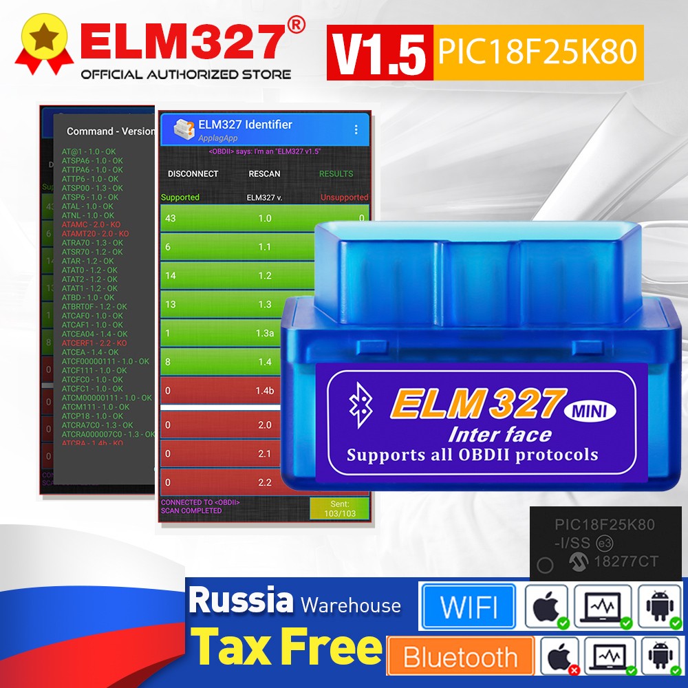 OBD2 Scanner ELM327 V1.5 PIC18F25K80 Bluetooth Compatible Small ELM 327 V2.1 WiFi Code Reader for Android Car Diagnostic Tool