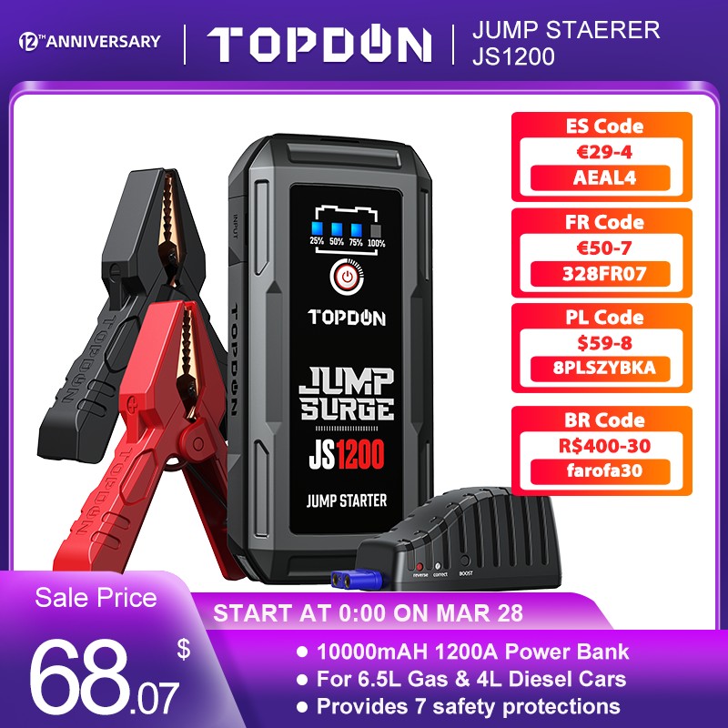 TOPDON 1200A Jump Starter Car Charger Battery Power Bank For 6.5L Gas 4.0L Diesel 12V Fast Auto Battery Charger Booster JS1200