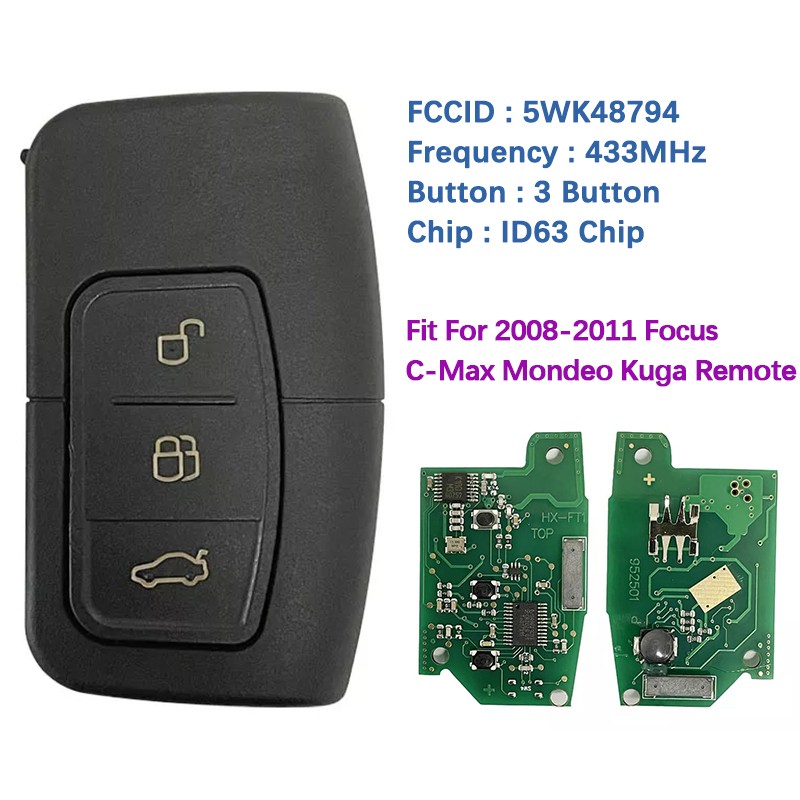 CN018048 Aftermarket 3 Button Smart Card Key For 2006-2011 Ford C-Max Focus Mondeo Kuga 5WK48794 ID63 Chip 433Mhz 3M5T-15K601-DC