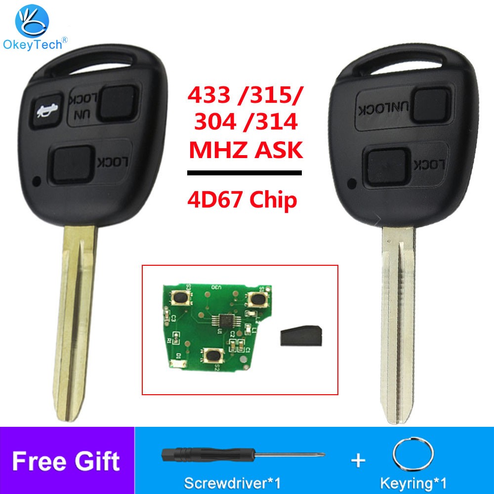 OkeyTech 433/315/304 /314mhz 2/3 Buttons 4D67 Chip Auto Replacement Remote Key For Toyota Avensis Kluger Prado120 Tarago RAV4