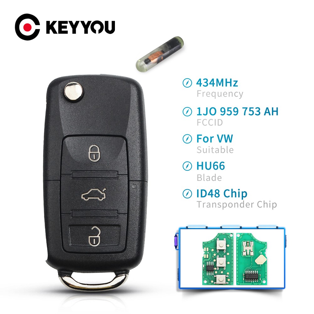 KEYYOU 433mhz Flip Remote Key Shell For VW Golf Passat Polo Jetta Touran Bora Sharan 1J0959753DA 1J0959753AH 1K0959753G ID48