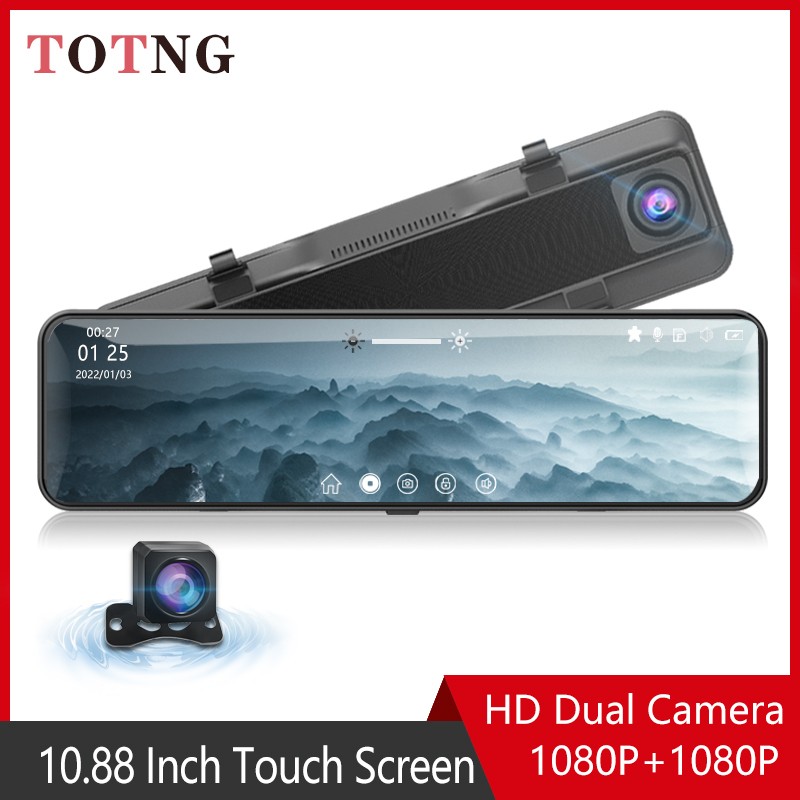 TOTNG Car DVR Touch Screen Stream Media Dual Lens 1080P Video Recorder 12" Dashcam Rearview Mirror With 1080P Rear Camera