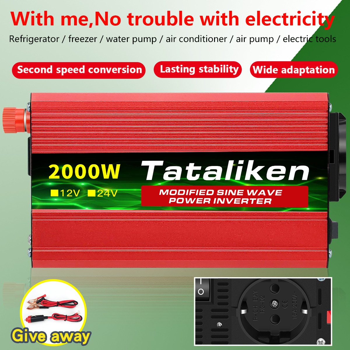 Auto inverter, 12V to 220V, 1500W/2000W/3000W/4000W, LED display, camping, emergency European standard conve inverter