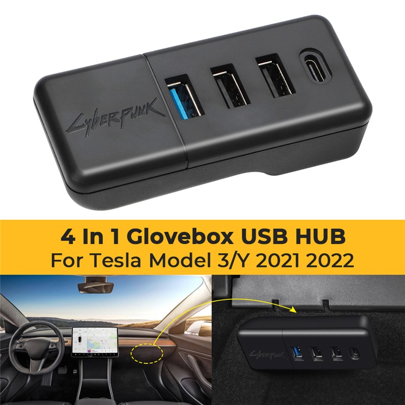 For Tesla Model 3 Y 2021 2022 Glovebox USB Expansion Hub Ports Splitter HUB Docking Station 4 In 1 Co-pilot USB Spiliter ModelY