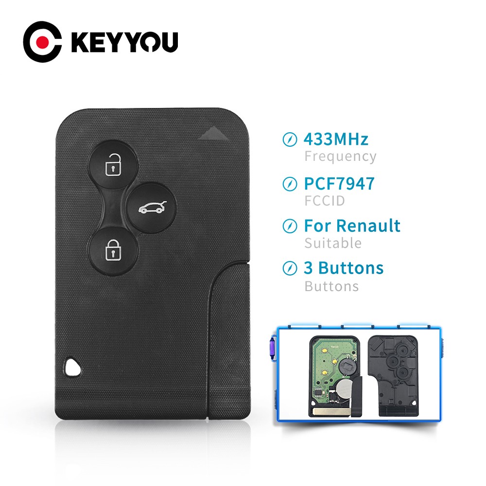 KEYYOU Chip ID46 PCF7947 For Renault Clio Logan Megane 2 3 Scenic Remote 3 Button 433Mhz Smart Card Emergency Insert