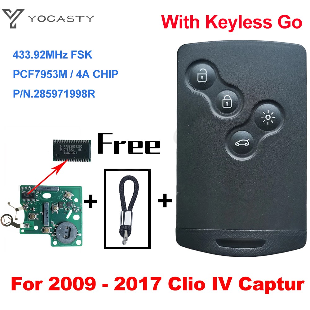 YOCASTY 285971998R Keyless Smart Key PCF7953M 4A Chip 433MHZ For 2009 2010 2011 2012 2013 2014 2015 2017 Renault Clio IV Captur