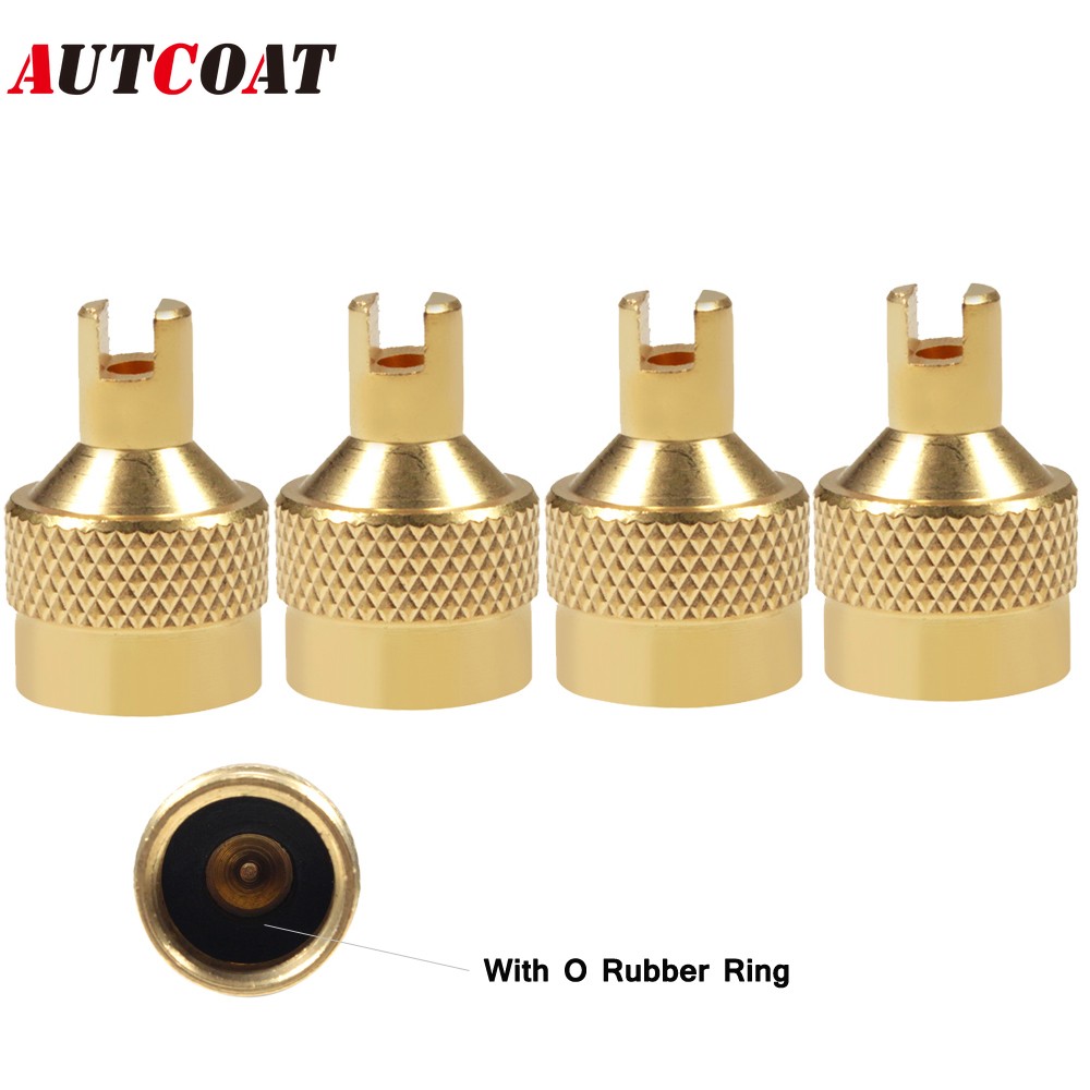 AUTCOAT 4pcs/set Metal Slotted Manhole Valve Cap with Valve Core Remover, Tire Valve Dust Cover Air Stem