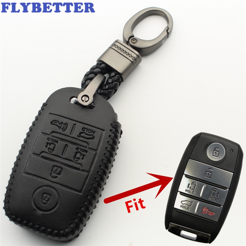 FLYBETTER - Genuine Leather Smart Key Fob Case for Kia, Sedona, Grand, Carnival, Sorento L580, 6 Buttons