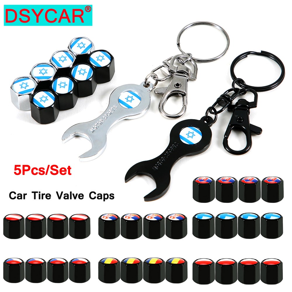 DSYCAR 5pcs/set National Flag Pattern Anti-theft Car Tire Wheel Valve Caps With Wrench Keychain Alloy Car Tire Valve Caps