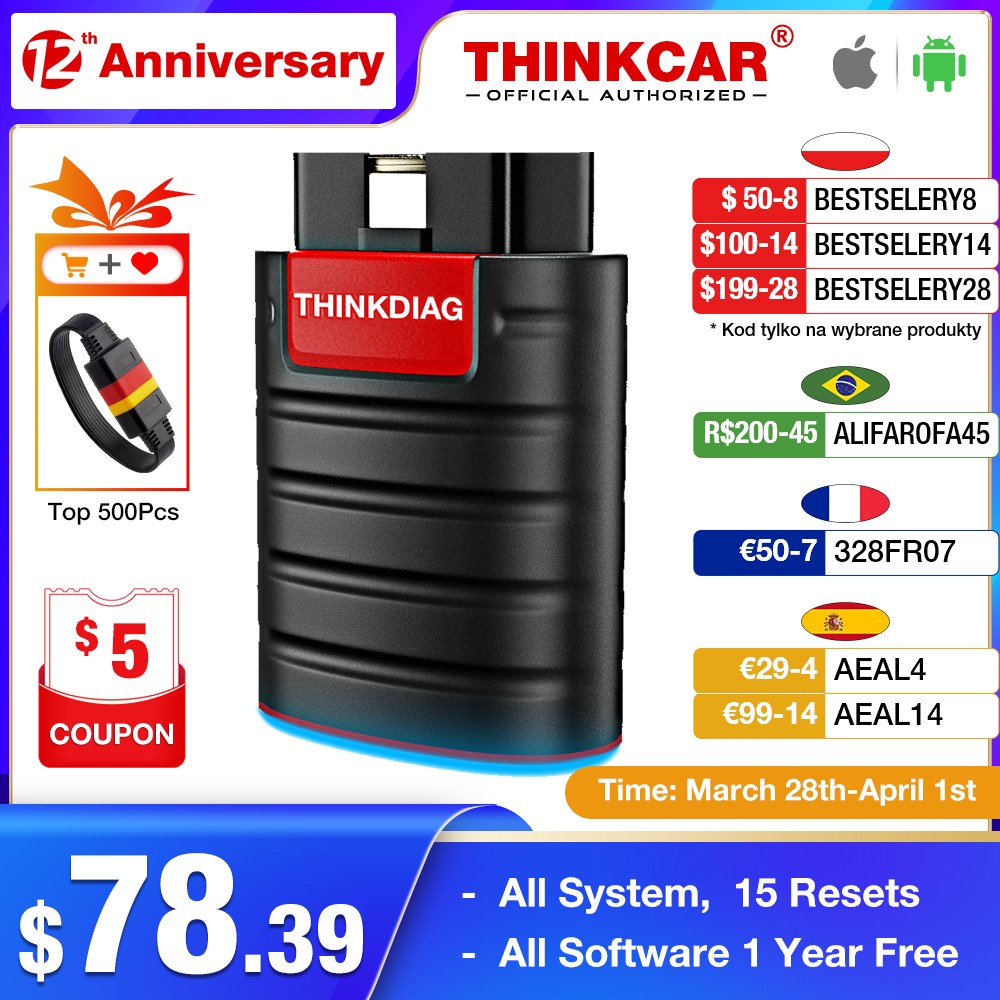 Thinkcar Thinkdiag Old Version V1.23.004 All Software 1 Year Free 15 Reset ECU Coding OBD2 Code Reader Scanner Tool PK Easydiag