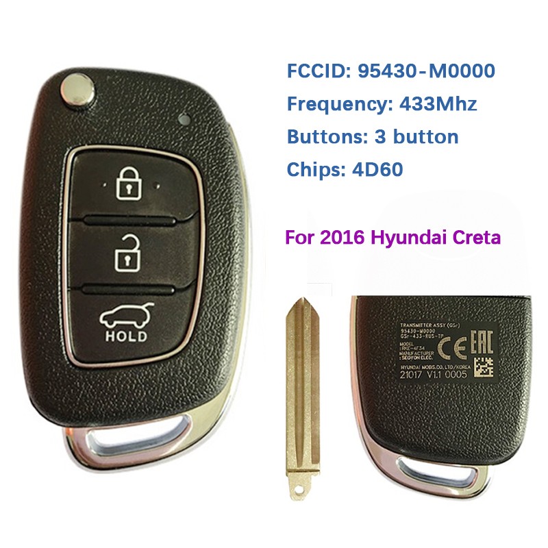 CN020116 Original 3 Button Flip Remote Key for 2016-2019 Hyundai Creta Model with 433MZ Frequency 4D60 Chip FCCID 95430-M0000