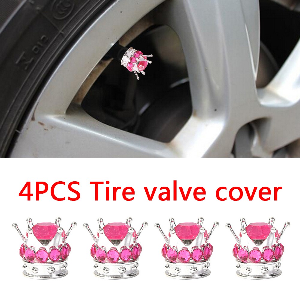 4pcs Universal Car Styling Bling Rhinestone Silver Crown Gear Tire Valve Caps Copper Core Auto Truck Tire Rim Stem Dust Cover