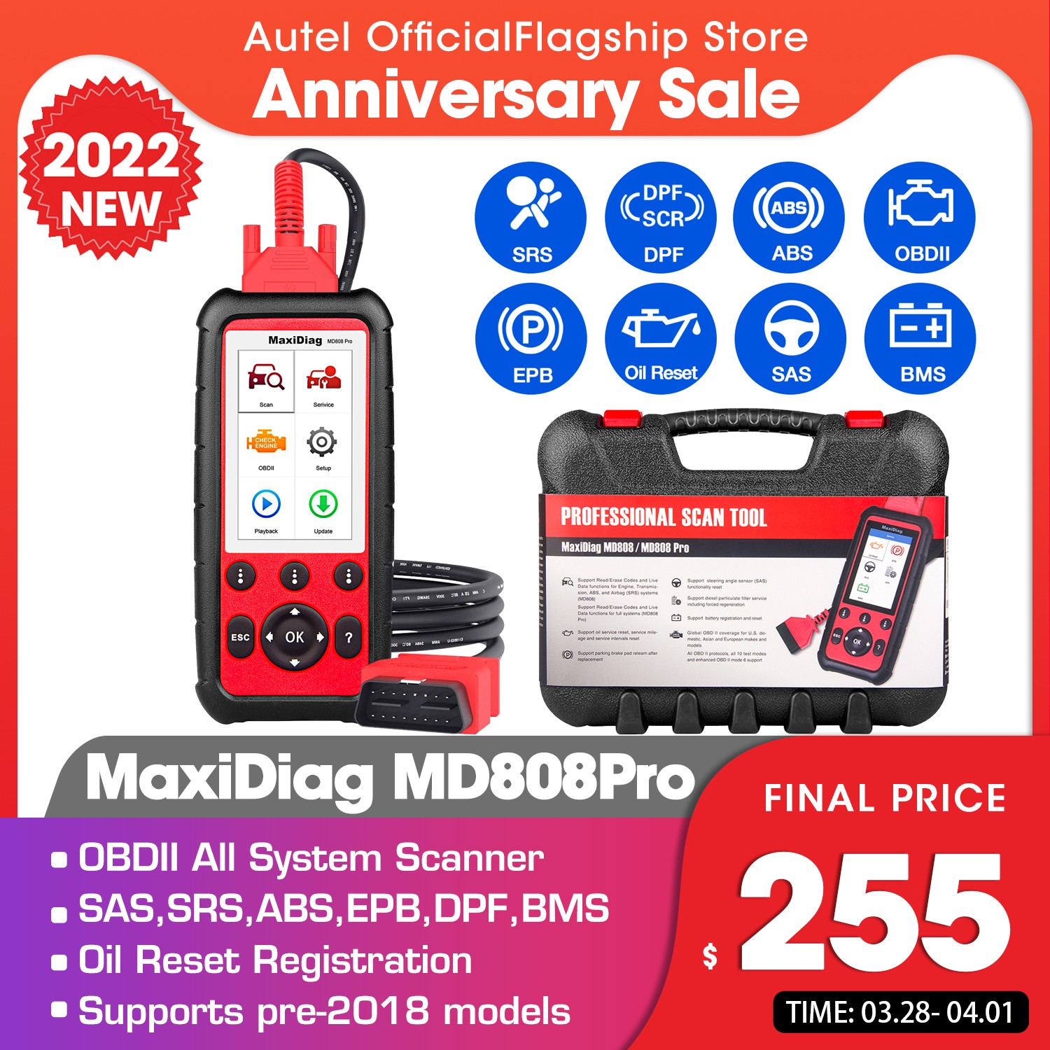 Autel Maxidiag MD808 Pro All System OBDII Scanner Oil Reset Registration, Parking Brake Pad Relearn, SAS, SRS, ABS, EPB, DPF, BMS