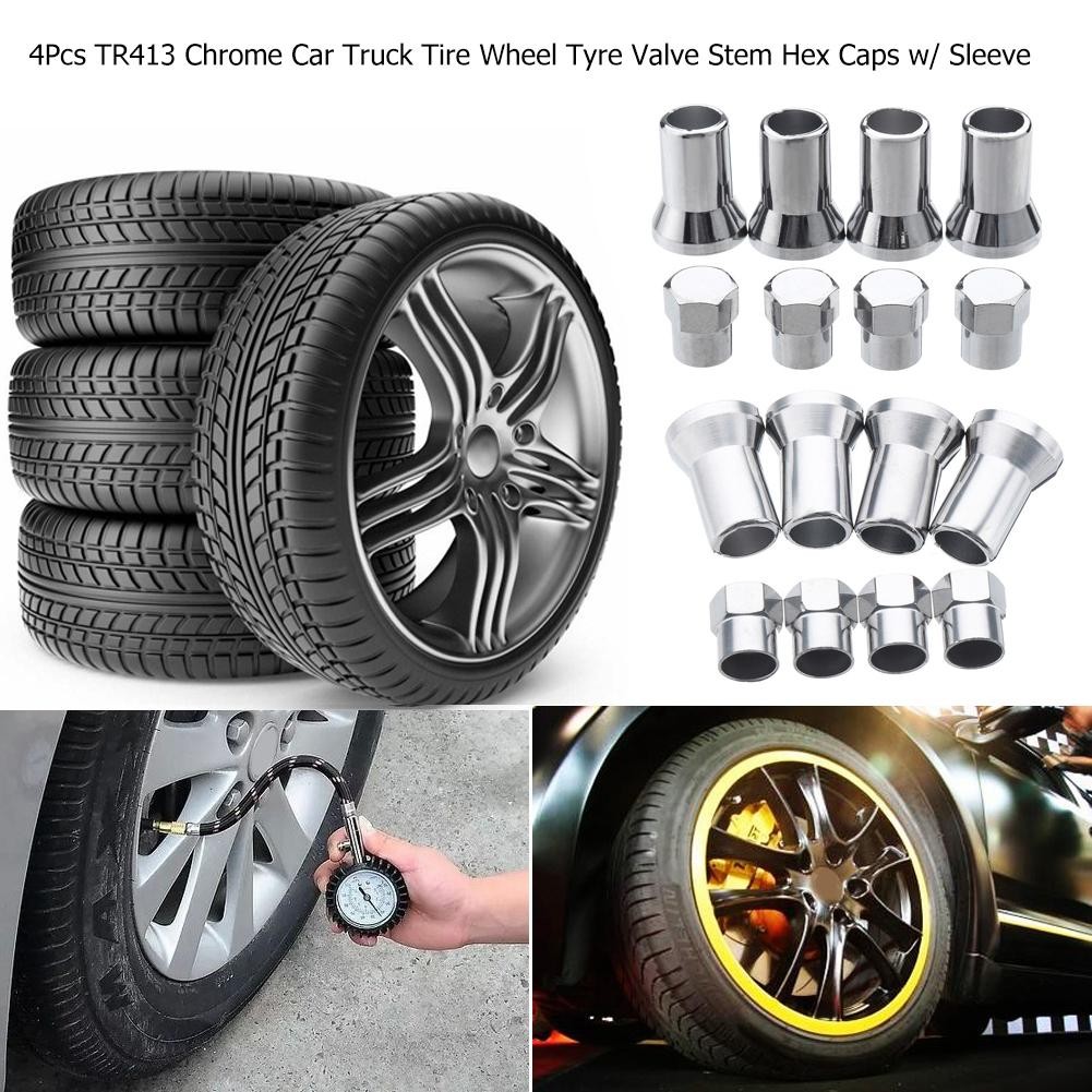 Auto 4pcs/set TR413 Chrome Car Truck Tire Wheel Tire Valve Stem Hex Caps Case w/ Sleeve Cover Left Right Front Rear
