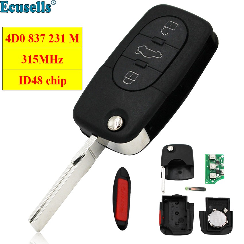 3+1 Buttons 315Mhz With ID48 Chip Flip Remote Key 4D0 837 231M For Audi A6 Quattro S6 TT Quattro 4 Button 4D0837231M HU66 Blade