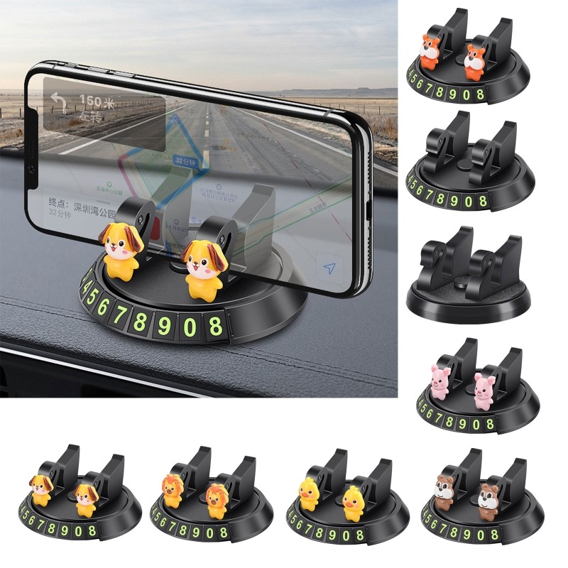 G99F 360 Degree Rotation Car Phone Holder Navigation With Hidden Parking Number Plate Cartoon Cute Doll Ornament Phone Bracket