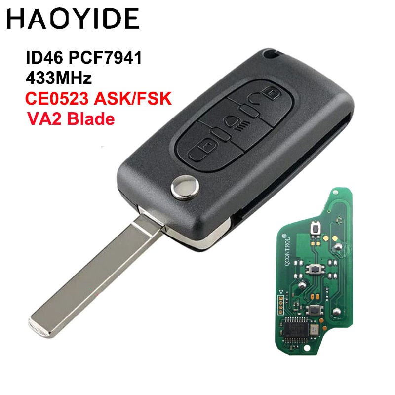 HAOYIDE Remote Key For Citroen C5 C4 C3 C2 Berlingo Picasso Auto Lock (CE0523 ASK/FSK) 3 Buttons VA2 Blade Light Button VA2