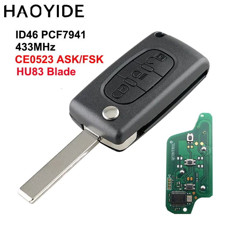 HAOYIDE Remote Key For Citroen C5 C4 C3 C2 Berlingo Picasso Auto Lock (CE0523 ASK/FSK) 3 Buttons VA2 Blade Light Button HU83