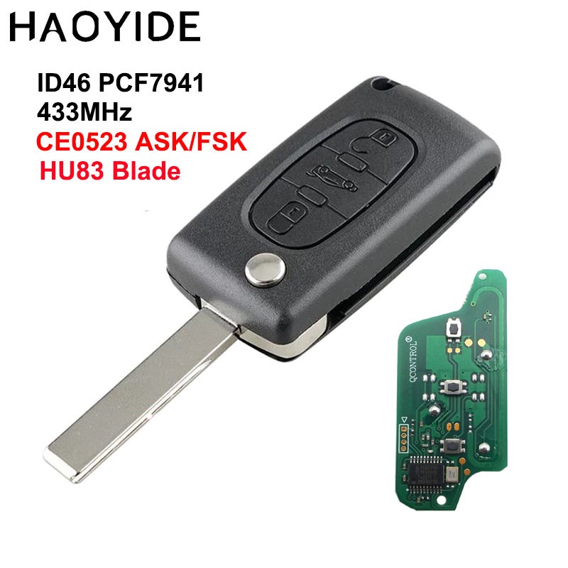 HAOYIDE Remote Key For Citroen C5 C4 C3 C2 Berlingo Picasso Auto Lock (CE0523 ASK/FSK) 3 Buttons HU83 Blade