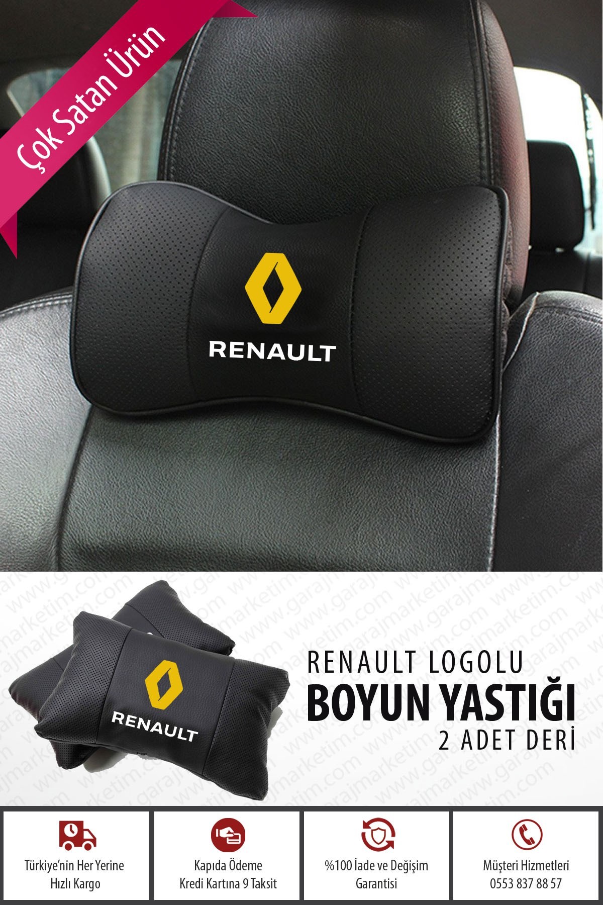 Car Neck Pillow Leather Auto Head Support Seat Neck Protector Comfort Travel Pillow for Renault (2pcs)
