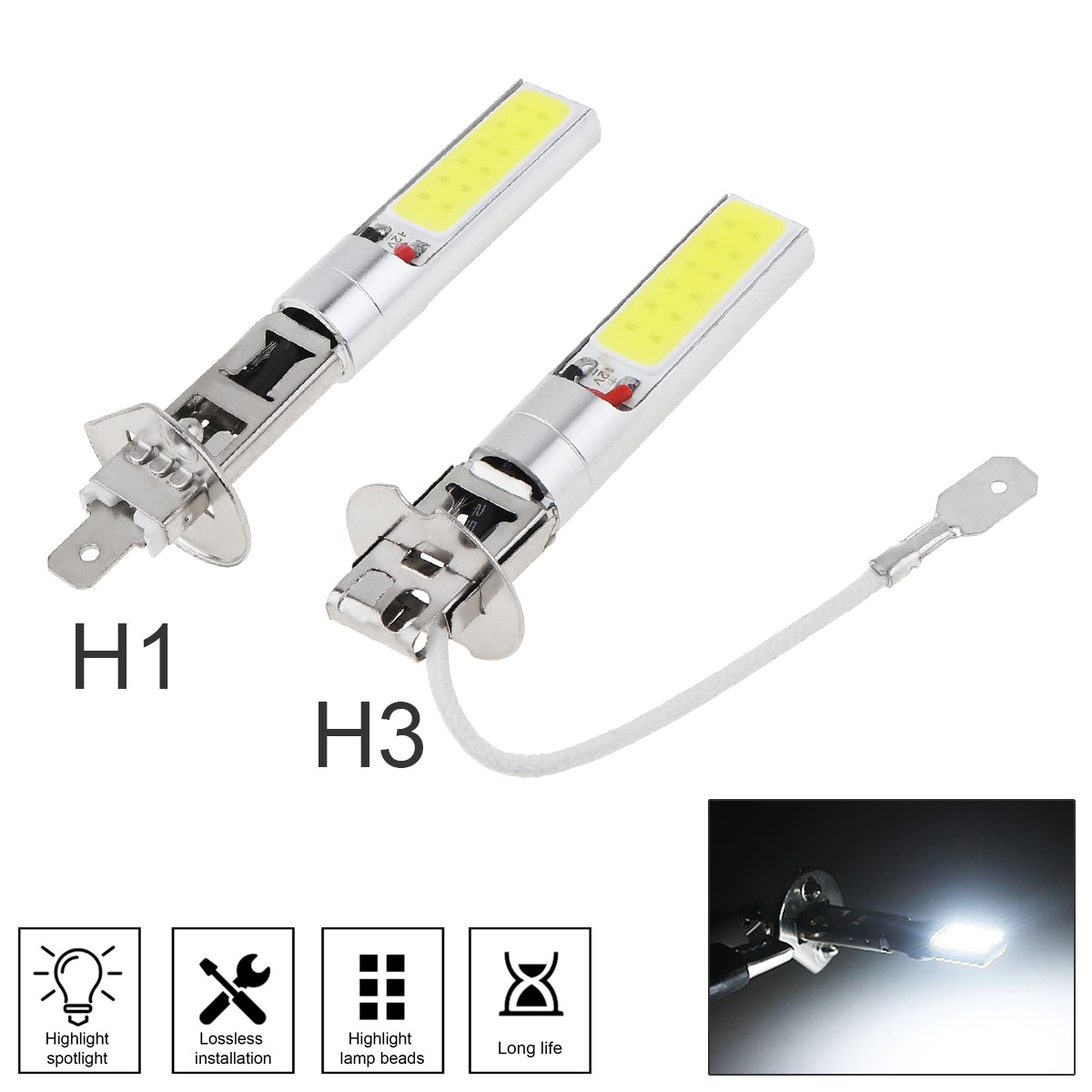 Car Fog Light H1 H3 Canbus Super Bright LED Headlight Bulb COB 12V Running Light Auto Motorcycle Lamp