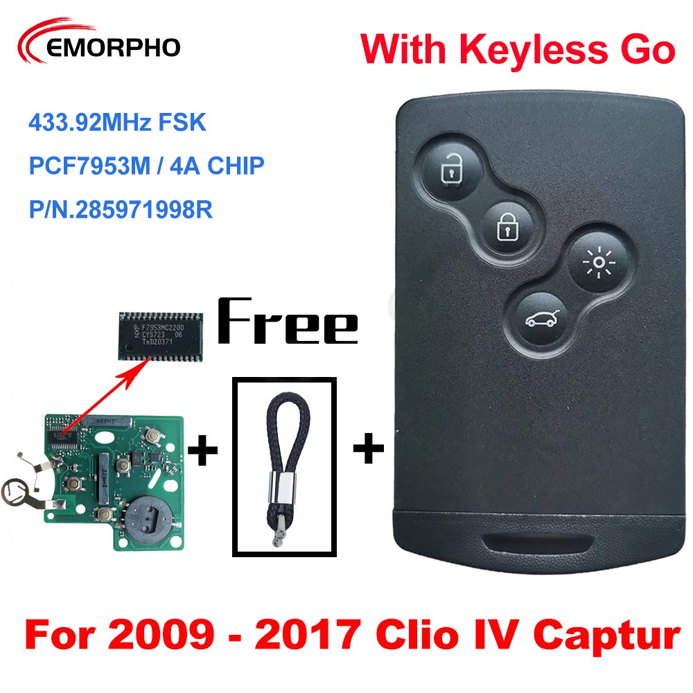 EMORPHO 285971998R Keyless Smart Key PCF7953M 4A Chip 433MHZ For 2009 2010 2011 2012 2013 2014 2015 2017 Renault Clio IV Captur