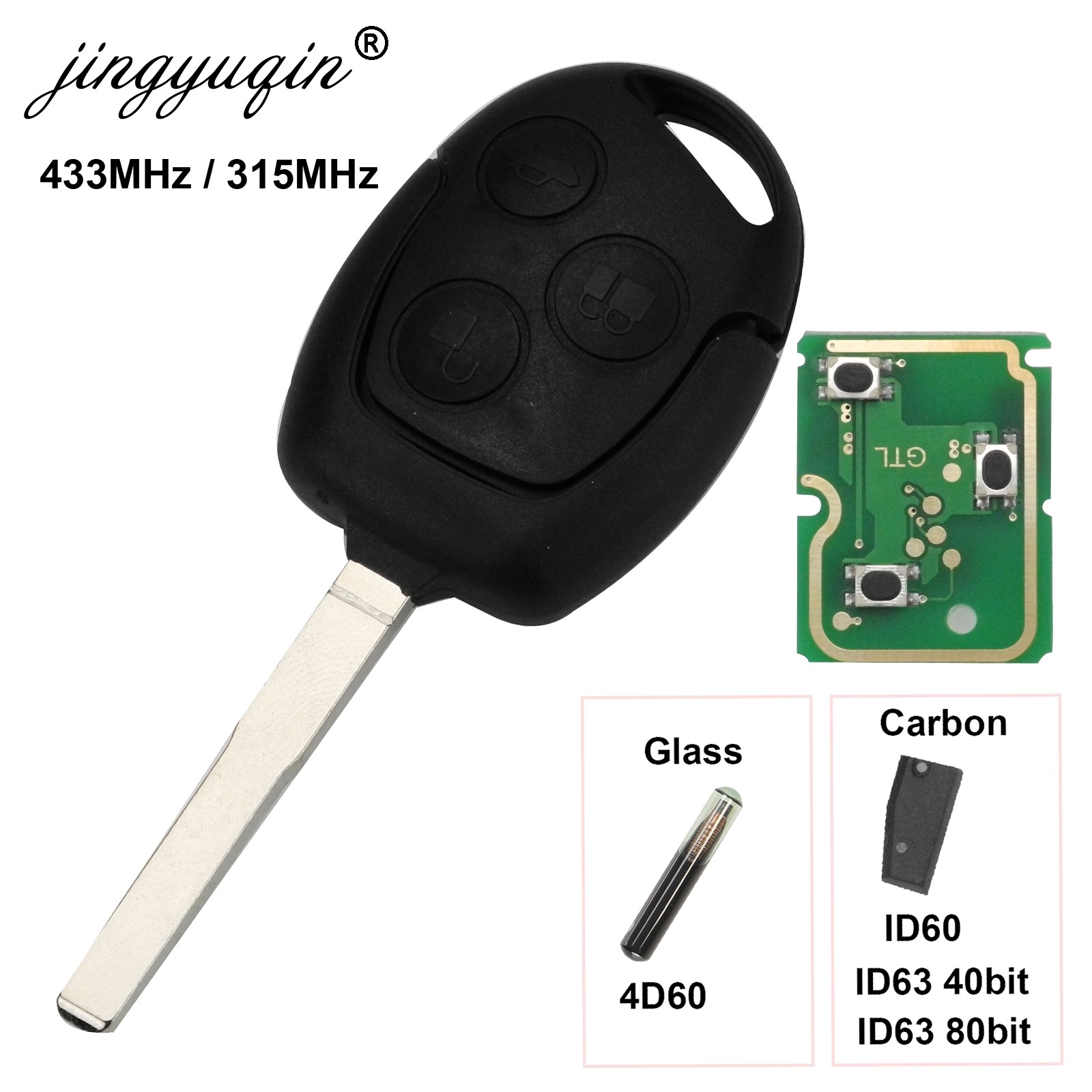 jingyuqin 3 Buttons Remote Car Key 315/433Mhz For Ford Focus Fiesta Fusion C-Max Mondeo Galaxy C-Max S-Max ID60 4D63 Chip