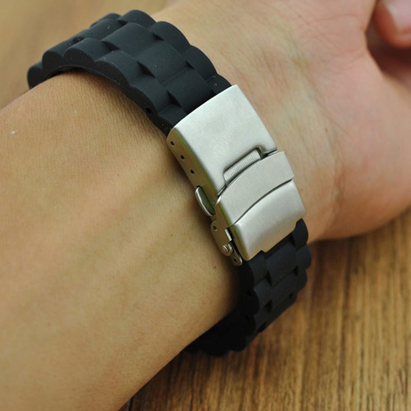 Black silicone rubber watch strap band deployment buckle waterproof 20mm 22mm