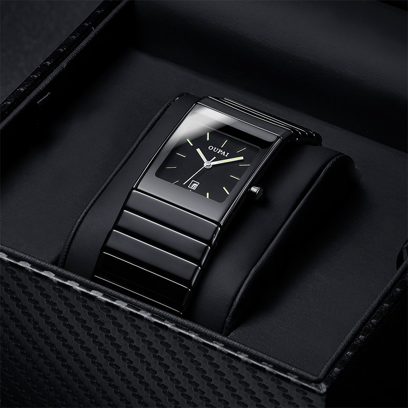 OUPAI Classic Black Squire Ceramic Calendar Dat Tritium Watch Light Mens Quartz Watch e Luminous Waterproof Military Watches