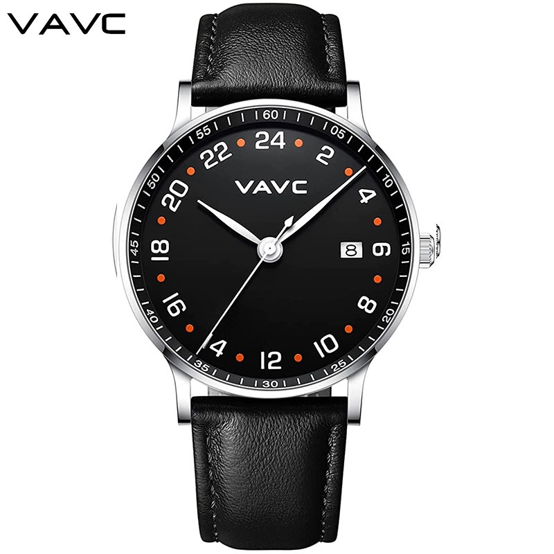 2022 VAVC New 24 Hours Quartz Wrist Watch Unisex Swiss Quartz Movement 5 Bar Water Resistant Watch With Black Leather Strap Men Women