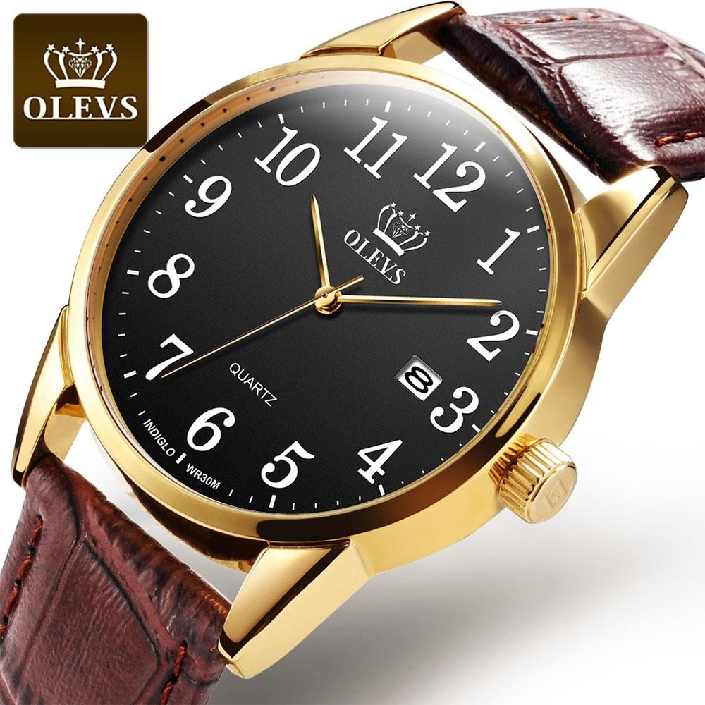 OLEVS Men's Quartz Watch Top Brand Fashion Casual Luxury Dress Genuine Brown Leather Strap Men's Watches Waterproof Wristwatch