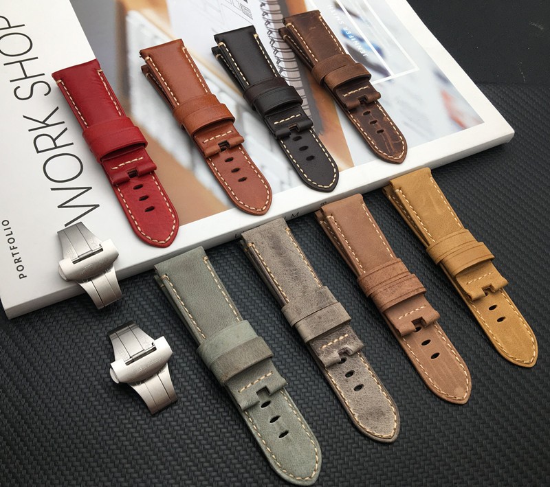 Top Quality 24mm Brown Gray Vintage Retro Italy Genuine Leather Watchband for Panerai Strap Watch Band Butterfly Buckle Strap