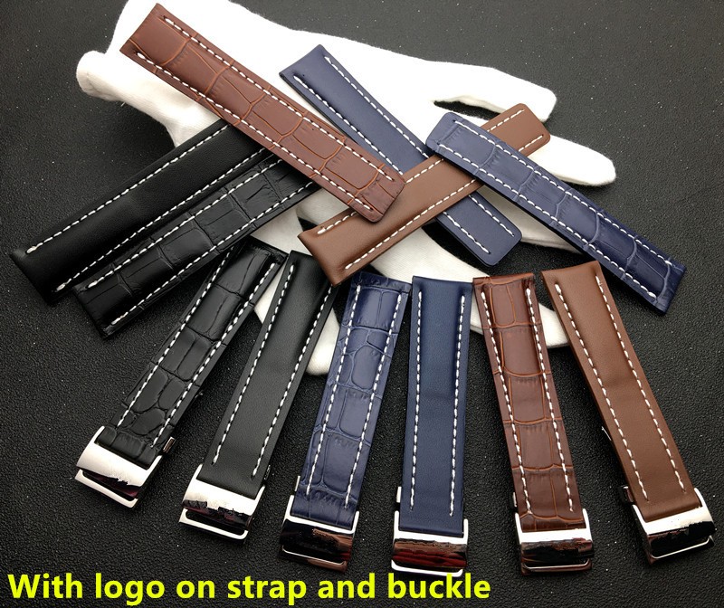 Breitling Genuine Leather Watch Band Black Brown Blue Soft Men's 22mm 24mm With Logo Tools
