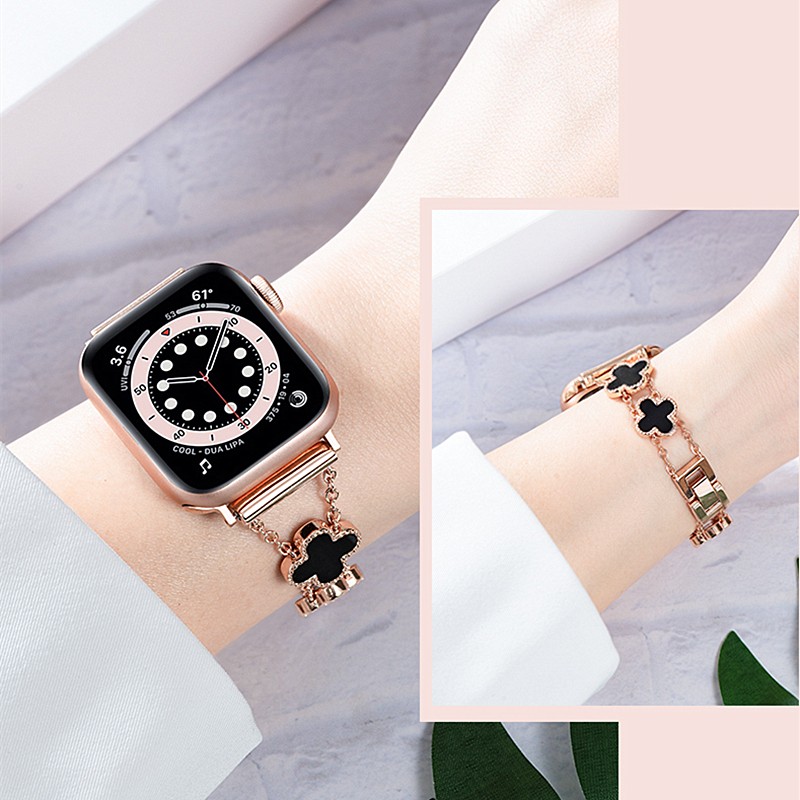 Bling Four Leaf Clover Strap for Apple Watch 7 Band 41mm 40mm 38mm Stainless Steel Bracelet IWatch SE 6 5 4 3 45mm 44mm 42mm