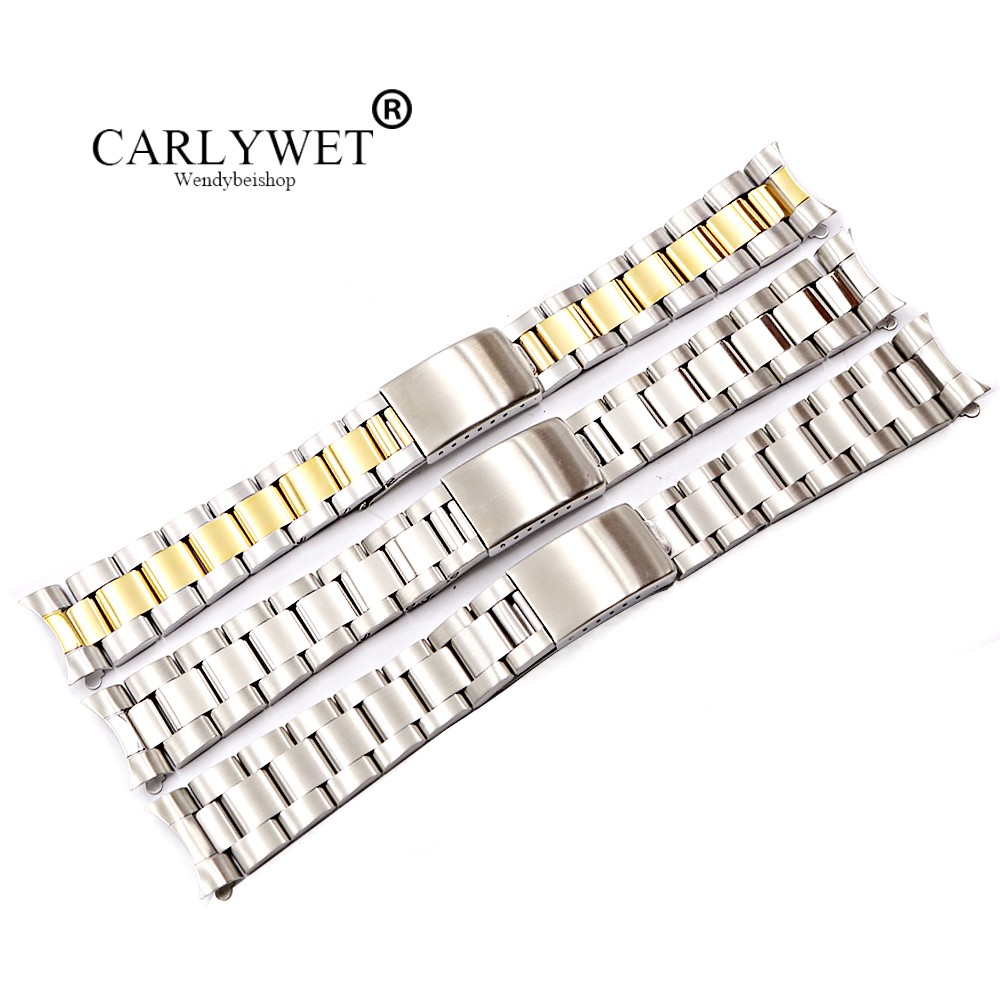 CARLYWET 19 20mm 316L Stainless Steel Two Tone Gold Silver Watch Band Bracelet Hollow Curved End for Vintage Oyster