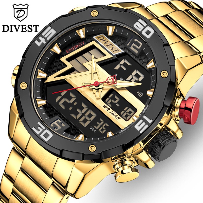 DIVEEST Authentic Gold Watch Men Luxury Brand Analog Quartz Casual Sports Watch Digital Military Chronograph Wrist Watches for Men