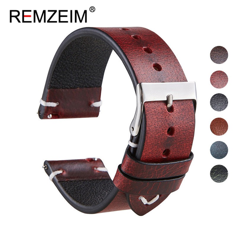 REMZEIM 18mm 20mm 22mm High-end Retro 100% Calfskin Leather Watch Band Watch Strap With Genuine Leather Straps 7 Colors