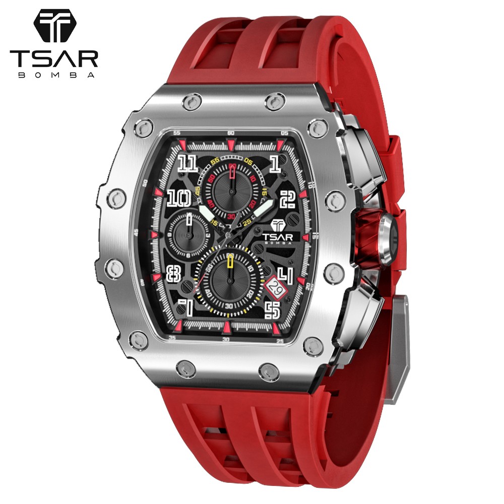 TSAR Bomba Mens Watches Luxury Sports Chronograph Quartz Wristwatch Sapphire Glass Stainless Steel Tonneau Cool Design Watch for Men
