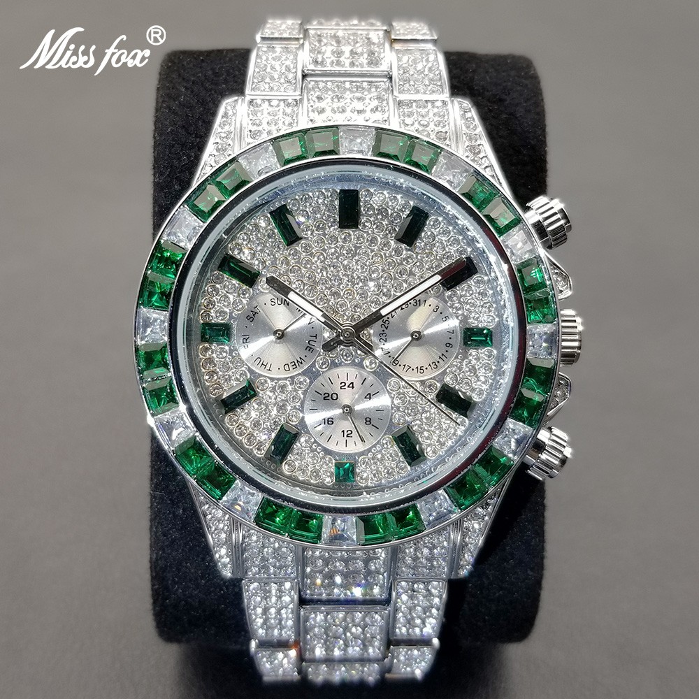 MISSFOX Ice Out Men's Wristwatch Luxury Green Diamond Calendar Quartz Wristwatch Hip Hop Fashion Waterproof Man Watch 2022 New