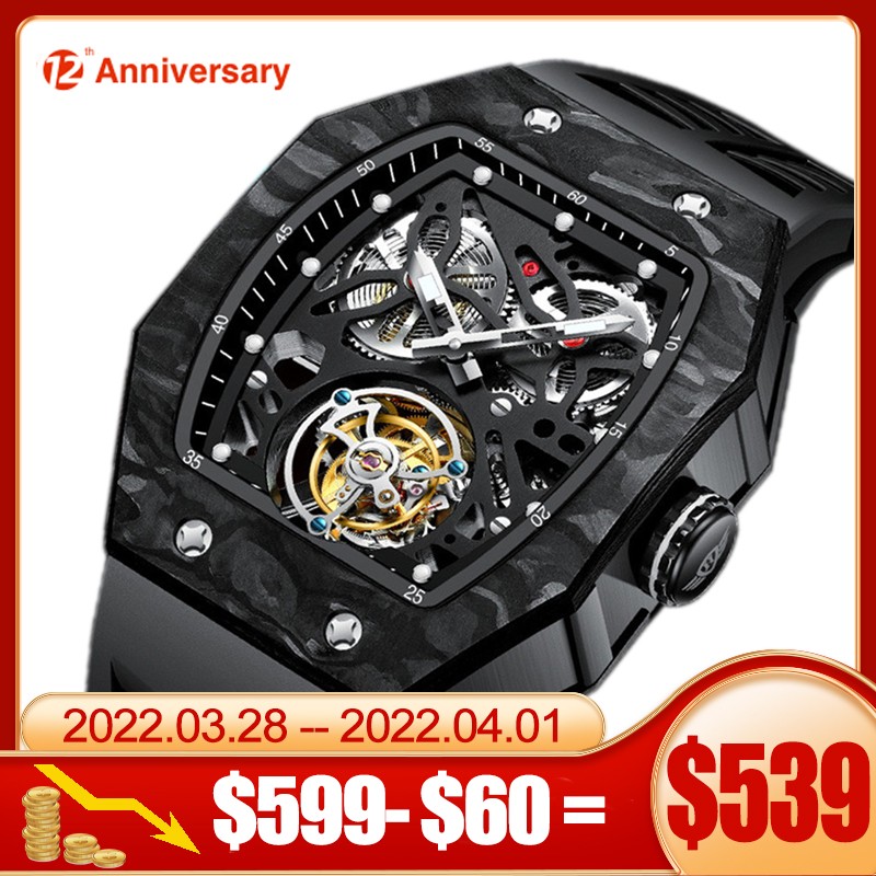 Aesop trending square flying tourbillon watch carbon fiber bezel mechanical men watches top quality red skeleton male watch